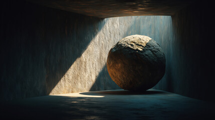 Large stone sphere inside narrow stone corridor illuminated by sunlight, representing strength, endurance and passage of time concept