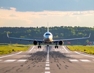 Front-view of a commercial aircraft landing on a runway