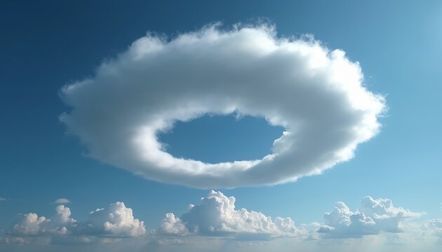 Unusual ring cloud forms in vibrant blue sky. Rare donut shape cloud formation striking natural weather phenomenon. White cumulus clouds visible below. Creates unique, beautiful sky pattern.
