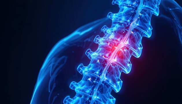 Explore the Complexities of Spinal Anatomy with this Dynamic and Vibrant Visualization Revealing a Detailed Look at the Vertebral Column and Nerve Connections