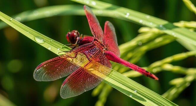 Red Dragonfly Resting on a Green Leaf in Sunlight - Powered by Adobe