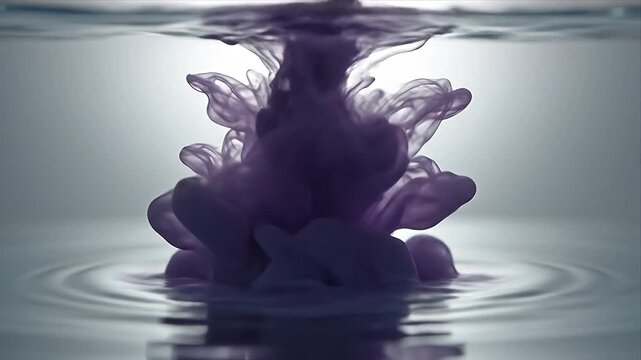Vibrant purple ink cloud gracefully spreading and swirling in clear water creating beautiful abstract organic shapes and a dynamic fluid motion