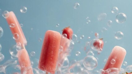 Pink popsicles and strawberries suspended amidst water bubbles - Powered by Adobe