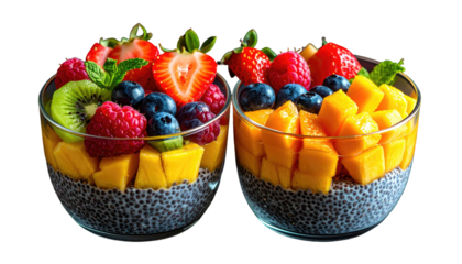 Two glass bowls brimming with chia pudding, mango, berries, and kiwi fruit. Bright, colorful, and refreshing