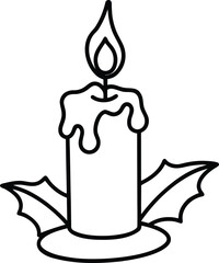 Christmas candle line art with holly leaves single 2