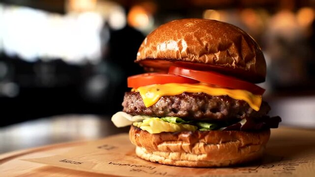 Juicy cheeseburger with fresh lettuce, tomato, and melted cheese on a toasted bun.