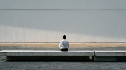 a person sitting alone on a minimal white bench
