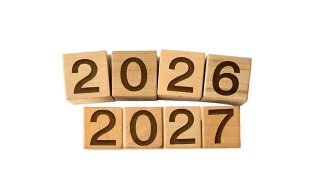 Transitioning from 2026 to 2027 with wooden blocks cut out on PNG. AI GENERATED.
