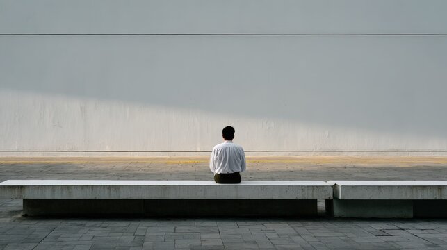 a person sitting alone on a minimal white bench