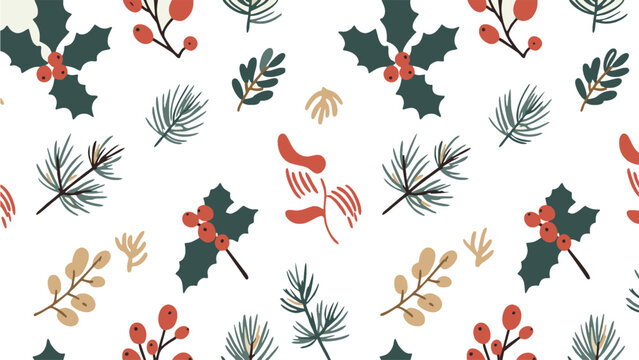 This festive seamless pattern features a collection of botanical elements like holly, pine branches, and berries in a simple and modern style. The design would work well for gift wrapping, wallpaper 