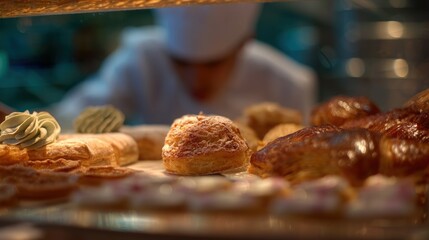 Close-up of a display case filled with various types of pastries. the pastries are arranged in a neat and orderly manner, with some overlapping each other.