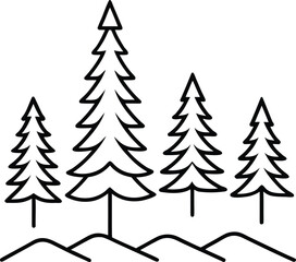 Minimalist black line art of a winter forest with pine trees on rolling hills