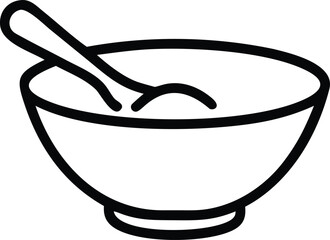 Black line art of a bowl with a spoon inside food utensil