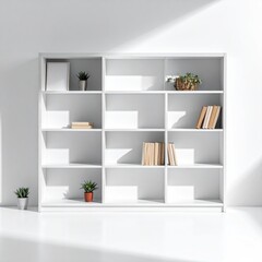 White bookcase with plants and books in a sunlit room