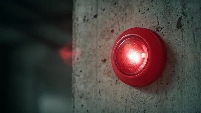 A red emergency light is attached to a textured concrete wall