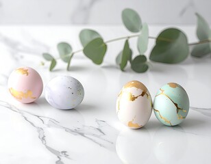 Four pastel-colored Easter eggs with gold accents on a white marble surface with eucalyptus sprigs