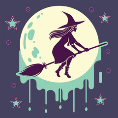 Spooky witch flying broomstick under a full moon halloween scene