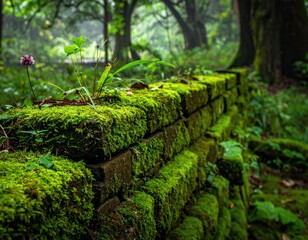 Moss-covered brick wall in a lush forest