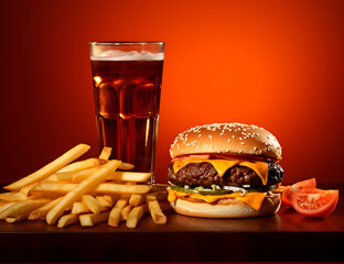 Delicious cheeseburger with french fries and refreshing soda for a satisfying meal experience and tasty treat
