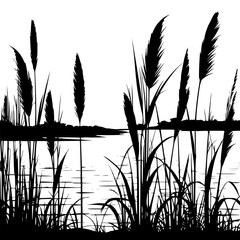Silhouette of reeds and water landscape black and white nature scene art