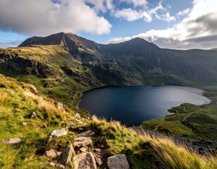 Mountain vista, serene lake nestled in valley