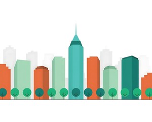 Modern cityscape with colorful buildings and green trees