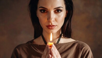Intense Portrait of a Young Woman with Dark Hair Holding a Burning Candle