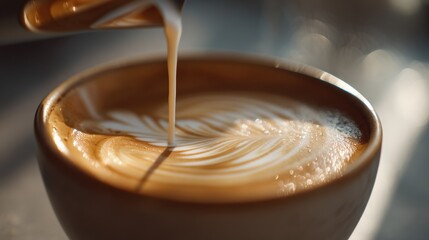 Close-up of a cup of coffee being poured into it. the cup is made of ceramic and is sitting on a table. the coffee is a dark brown color and has a latte art design on the surface.