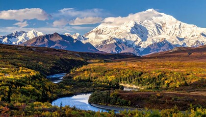 Majestic Alaskan mountain range, autumn colors, winding river