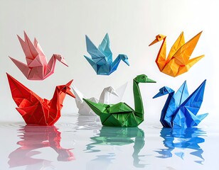 Colorful origami swans in mid-air and water reflections