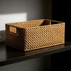 Rectangular woven rattan storage basket with handles on the shelf

