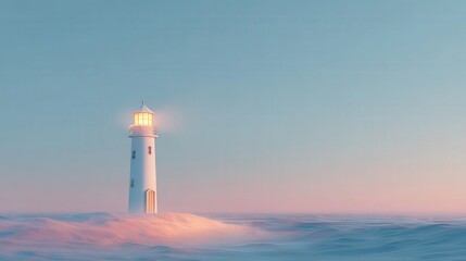 Fototapeta premium A serene lighthouse stands majestically over gentle waves, illuminated against a pastel sky during twilight, evoking tranquility and guidance at sea.