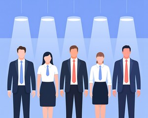 Diverse business team standing under spotlights in a professional setting