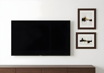 A sleek black television is mounted on a white wall next to two framed abstract art pieces above a dark wooden credenza.