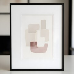 A framed abstract painting featuring soft, muted geometric shapes in earthy tones, creating a minimalist and modern aesthetic.