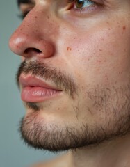 Fototapeta premium Macro detail of man facial skin profile. Cheek shows imperfect texture with pores freckles and moles. Guy with stubble beard and mustache for dermatology cosmetic and grooming concepts.