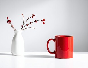 White vase, red mug, berries