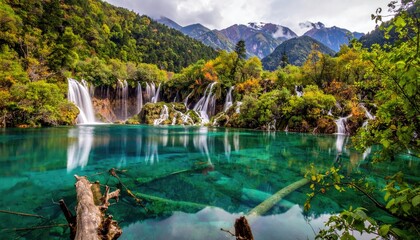 Pristine alpine lake with cascading waterfalls