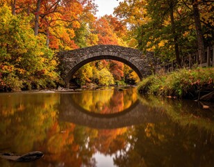 Autumnal stone arch bridge reflected in placid water