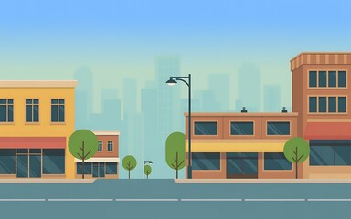 Flat illustration of a quaint street with colorful buildings and trees