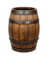 Fototapeta premium Open wooden barrel with dark metal bands, showing aged texture and natural grain. Rustic container traditionally used for storing wine, beer, or spirits.