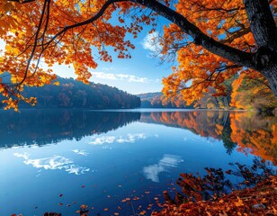 Autumn lake scene with vibrant fall foliage reflected in still water