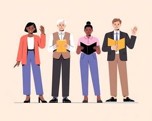 Diverse group of people reading books and standing together