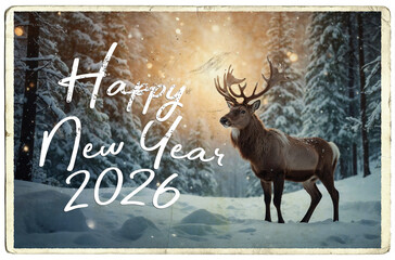  illustration of a Christmas card with a reindeer silhouette design featuring antlers, winter nature, and wildlife
