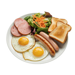 A breakfast plate on a white ceramic plate on transparent background