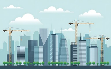 Modern cityscape under construction with cranes and skyscrapers