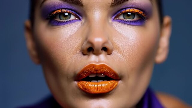 A close up of a woman with bright orange and purple makeup
