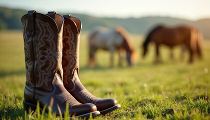 Brown leather cowboy boots sit in a grassy field at sunset. Two horses graze peacefully in the blurred background. The scene suggests a rural ranch setting and an equestrian lifestyle.