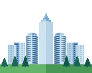 Modern cityscape with tall buildings and green trees
