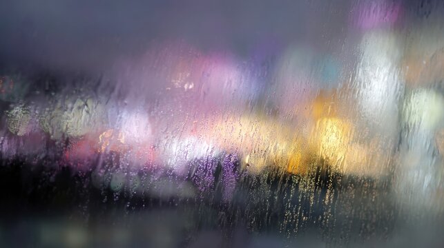 Close-up of a window with raindrops on it. the background is blurred, but it appears to be a cityscape with buildings and lights.